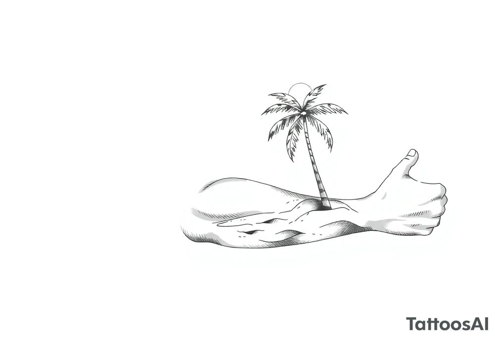 fine line, peaceful, serene, timeless, ocean, sand, palm tree, sun tattoo idea