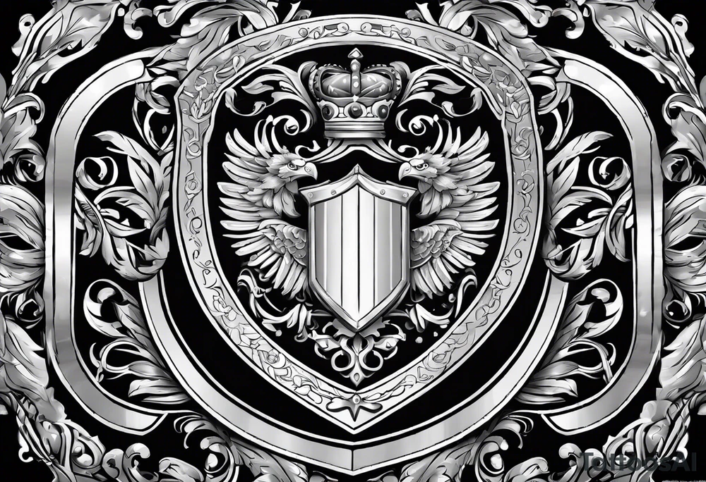 Design a large chest shield the includes the upper shoulder.  The theme should be family forever.  In the center of the chest shield will be the Avallo e family crest. tattoo idea