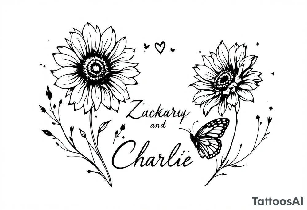 Sunflowers, heart and butterfly with name Zackary and Charlie tattoo idea