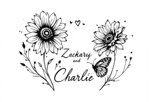 Sunflowers, heart and butterfly with name Zackary and Charlie tattoo idea