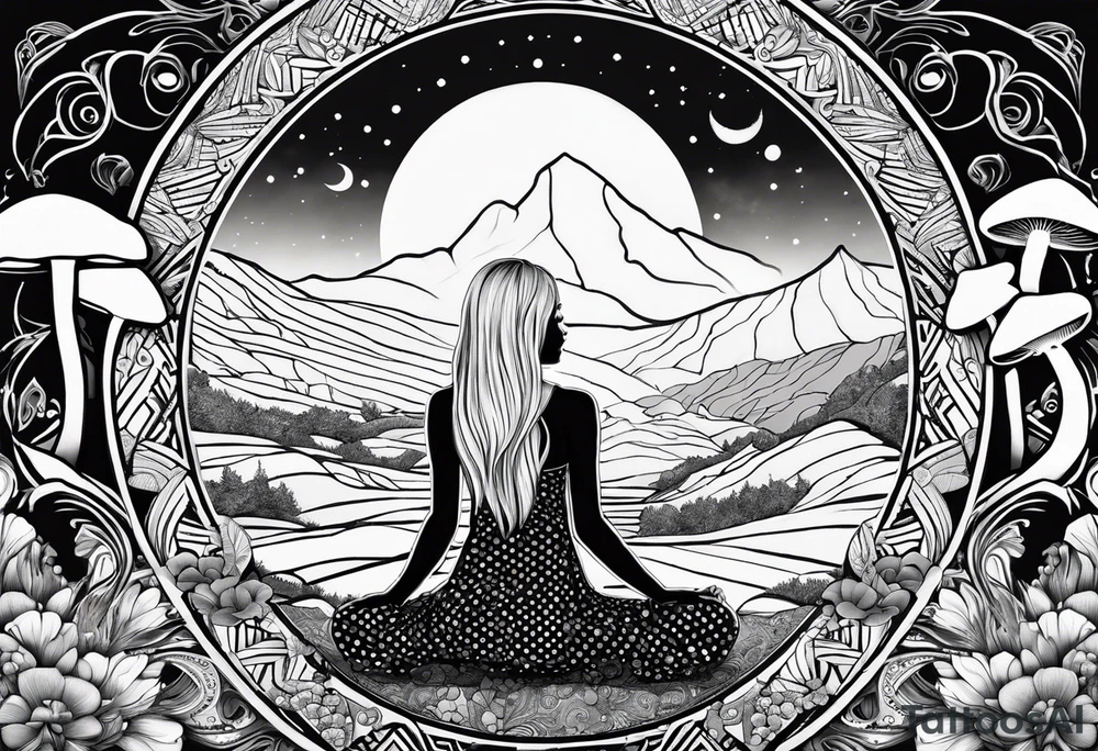 Straight blonde hair girl meditating facing away toward mountains surrounded by mushrooms crescent moon mandala circular design black and white striped dress tattoo idea