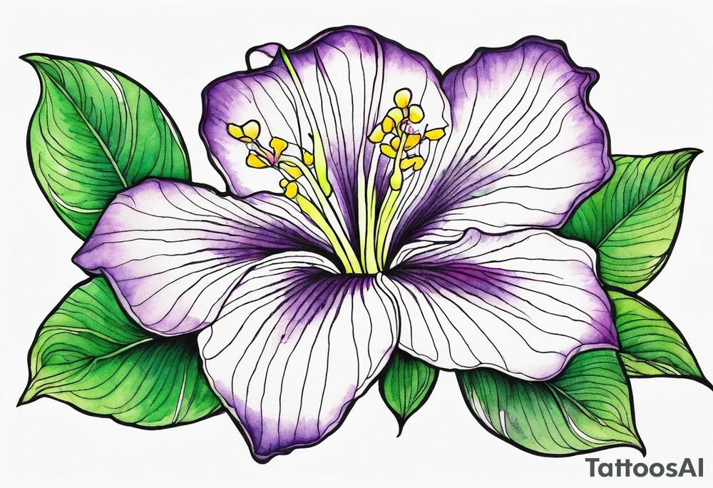 An outline of a rio dipladenia flower with a green and purple watercolor background tattoo idea