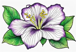 An outline of a rio dipladenia flower with a green and purple watercolor background tattoo idea