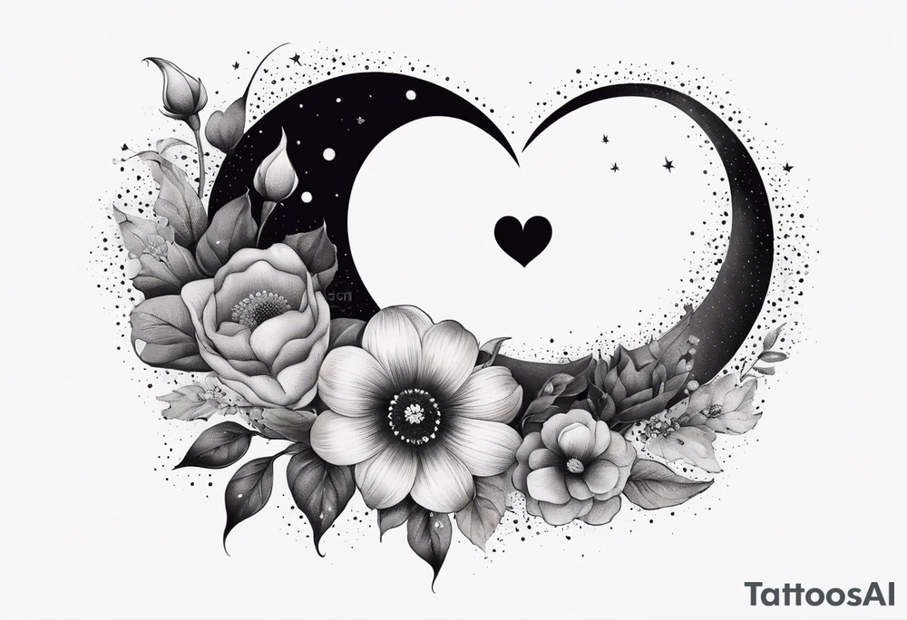 Crescent moon with a heart inside, shrouded by beautiful flowers with wisps of mist tattoo idea