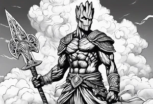 Groot greek warrior with sword, clouds behind tattoo idea