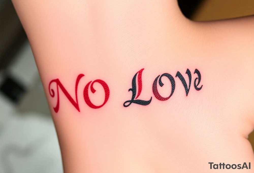 Red and black letters spell the word NO LOVE tattoo idea