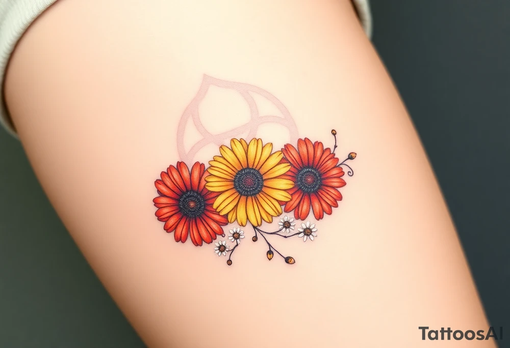 Fine line flower tattoo with three gerbera daisies (red, yellow, and orange) along with smaller white regular daisies. Mix in a Celtic everlasting love knot symbol somehow and maybe some fine line swirls, tendrils, or spirals tattoo idea