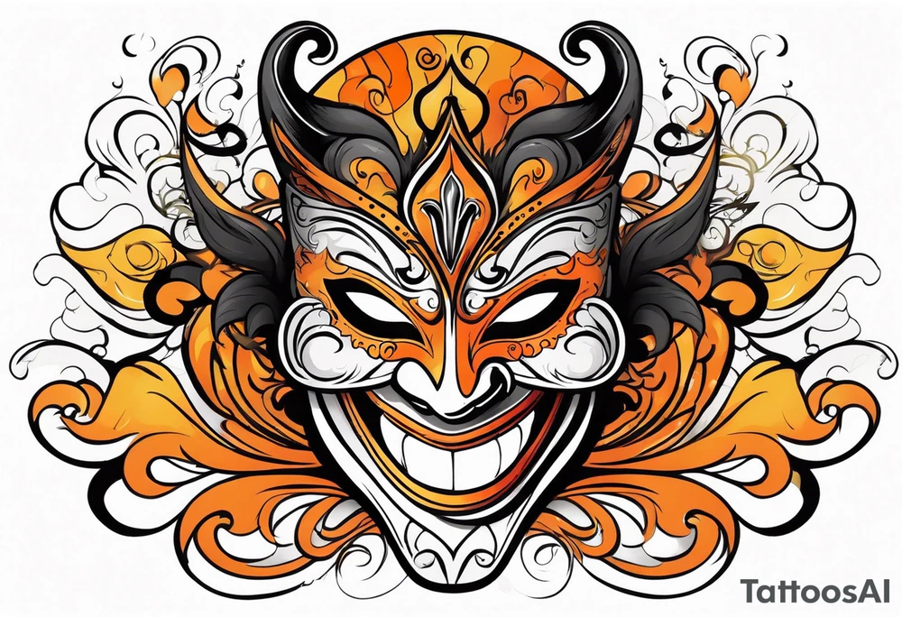Laughing Male masquerade mask with orange and black smoke tattoo idea