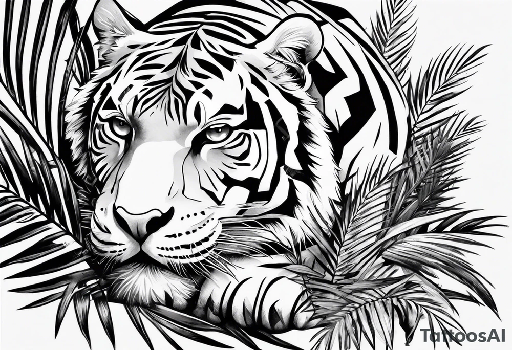 tiger laying on palm tree tattoo idea