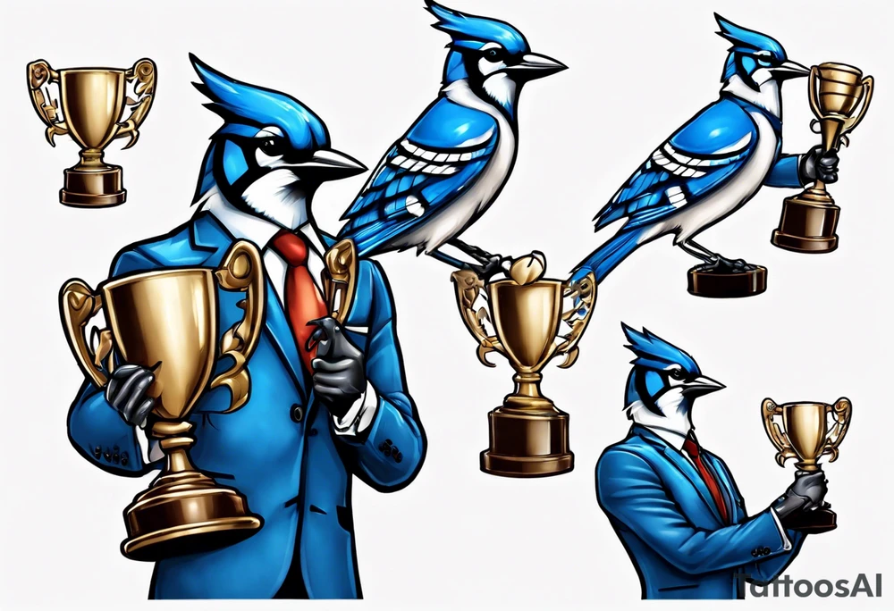 bluejay in a suit holding a trophy tattoo idea