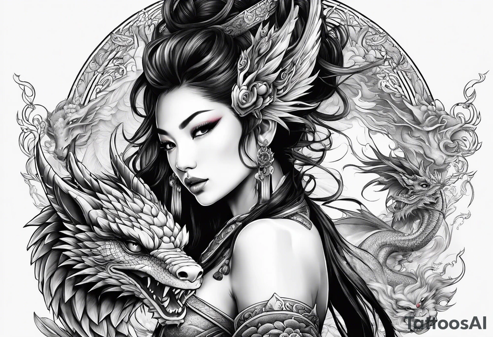large warrior nymph with dragon tattoo idea