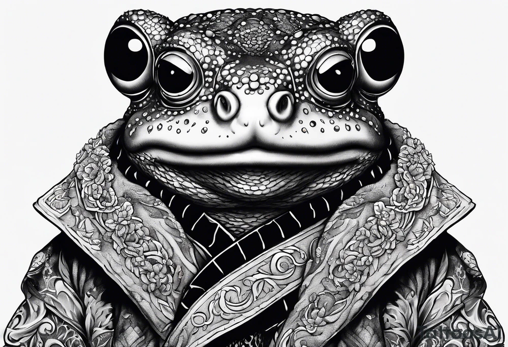 Toad man wearing a long fur coat tattoo idea