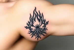 flame and blooming roots circle tattoo idea