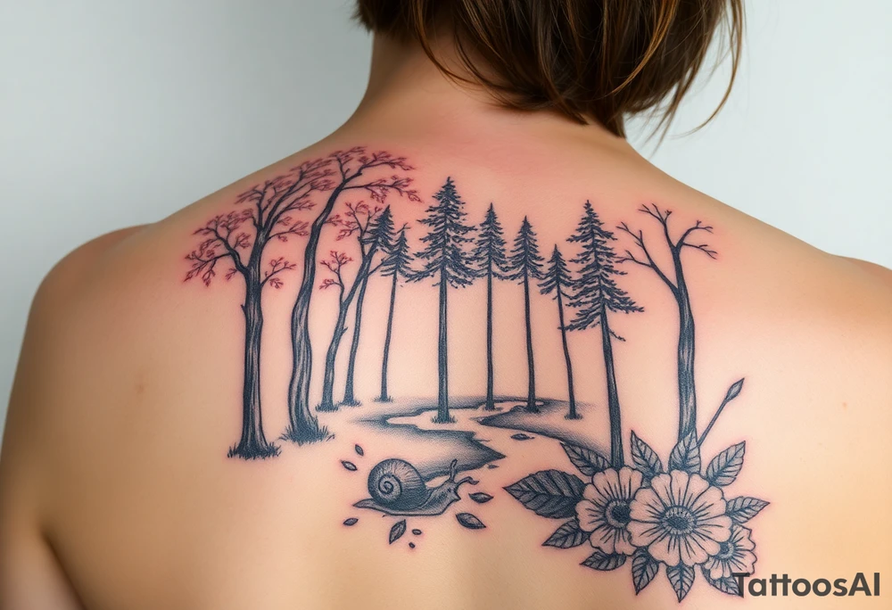 colorful fall themed womans sleeve forest, trees, falling leaves and rain, a small snail or two, a creek and some fall themed flowers as filler tattoo idea