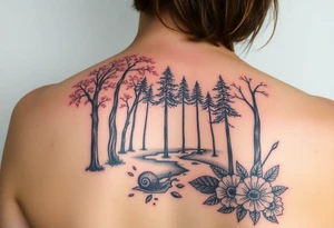 colorful fall themed womans sleeve forest, trees, falling leaves and rain, a small snail or two, a creek and some fall themed flowers as filler tattoo idea