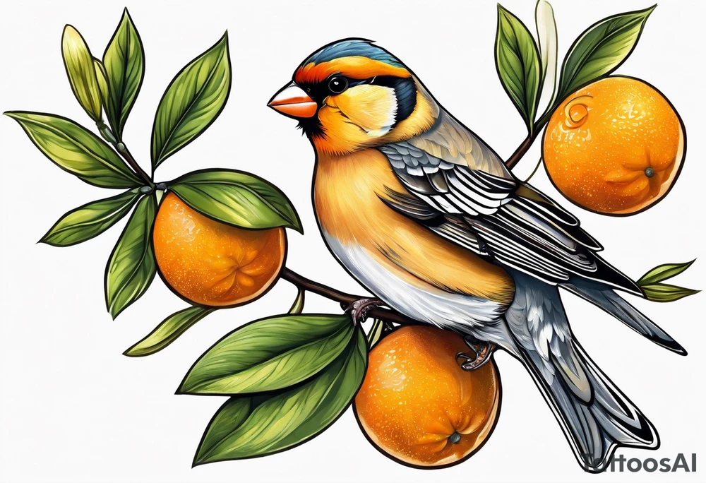 finch leaving on an orange blossom branch with its wings up tattoo idea