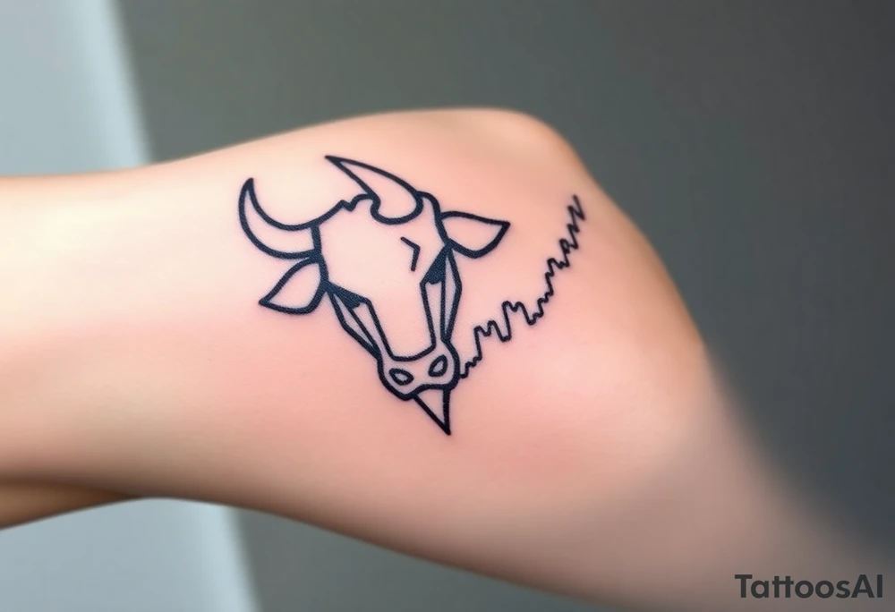 Create a minimalist black line tattoo of a bull’s head that transitions into an upward-trending candlestick stock chart. The design should have clean, fluid lines and combine the bull’s face and horns on the left, with the candlestick chart rising to the right, forming the shape of the bull’s jaw/neck. Keep the style simple and elegant, suitable for a forearm or upper arm tattoo.” tattoo idea