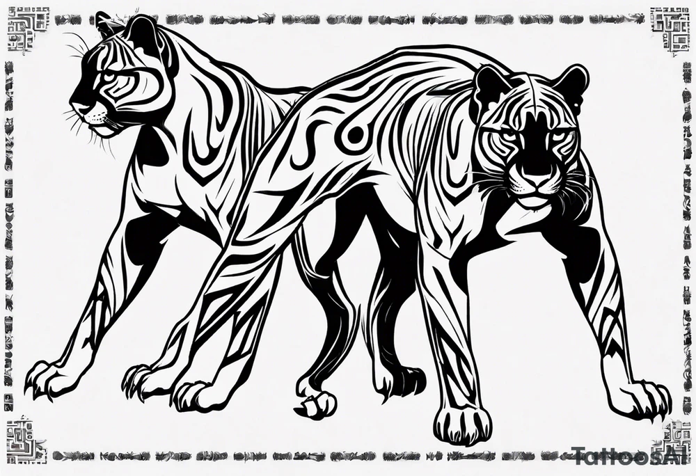 Generate a tattoo concept with two black pumas flanking a central element. Position the pumas side by side, facing outward, mirroring each other's stance. tattoo idea