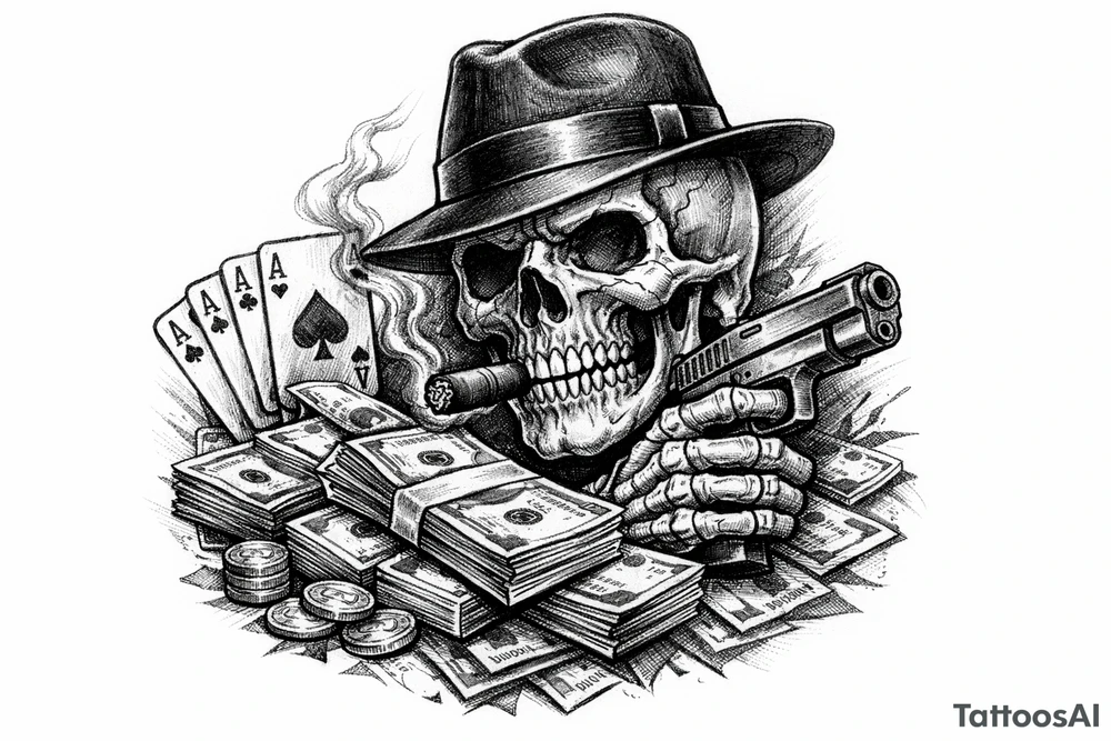 skull with gangster-hat,cigar in his mouth,gun in a hand,playing cards,a lot of money. tattoo idea