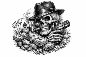 skull with gangster-hat,cigar in his mouth,gun in a hand,playing cards,a lot of money. tattoo idea