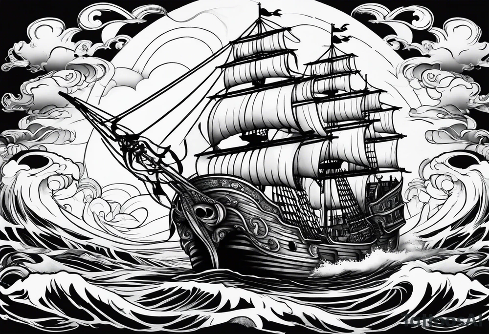 Black pearl pirate ship with waves tattoo idea