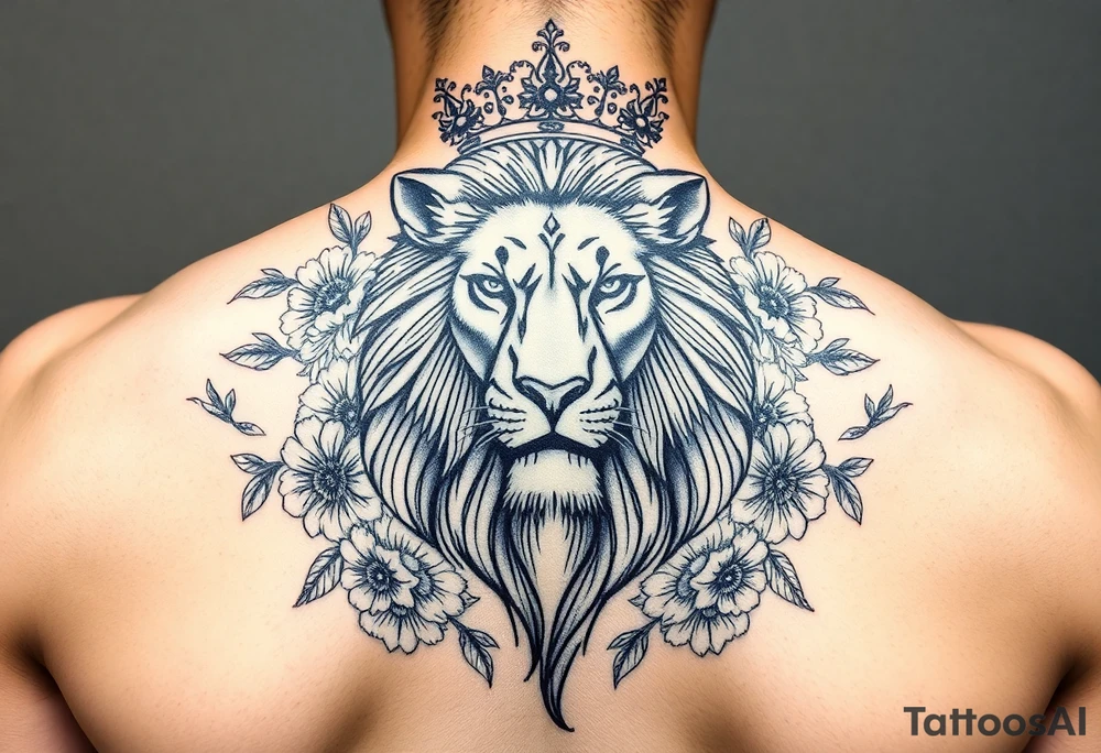 powerful majestic lion with a crown, surrounded by floral ornaments and birds tattoo idea