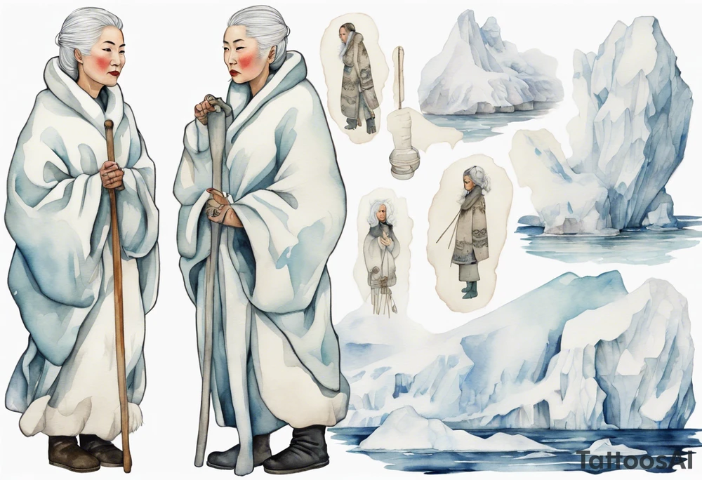 a middle aged Inuit woman with white hair wearing a white robe, white mittens and mukluks holding a plain white staff, standing on an iceberg tattoo idea