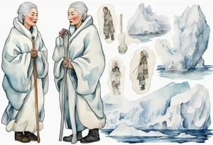 a middle aged Inuit woman with white hair wearing a white robe, white mittens and mukluks holding a plain white staff, standing on an iceberg tattoo idea