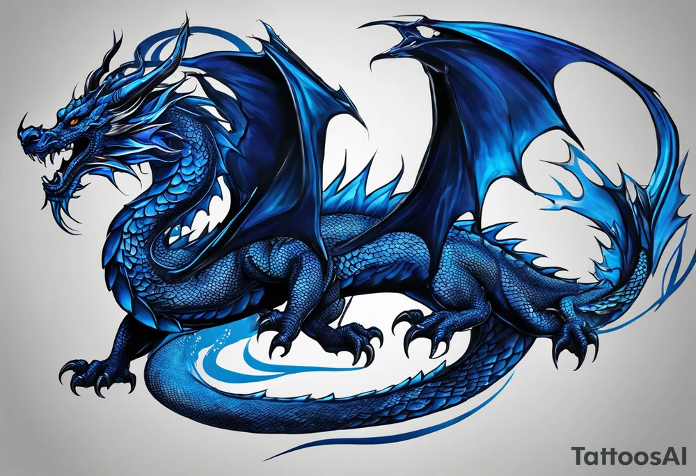 An epic floating dragon. Its long body coiling dynamically, with scales and horns detailed to create a sense of movement and strength. The dragon's main color is midnight blue, giving a vibrant depth and a mystical aura. This tattoo highlights the dragon’s fierce expression and sharp claws. tattoo idea
