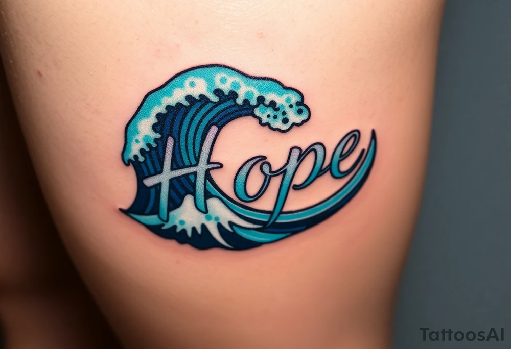 A gentle ocean wave curling around the word "Hope", in deep blues and soft seafoam hues tattoo idea