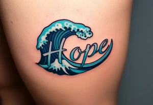 A gentle ocean wave curling around the word "Hope", in deep blues and soft seafoam hues tattoo idea