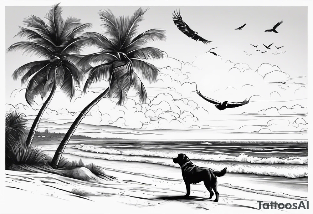 Beach with an ocean in the background with one big palm tree. On the beach there are 2 dogs. In the air there will be a couple birds flying tattoo idea
