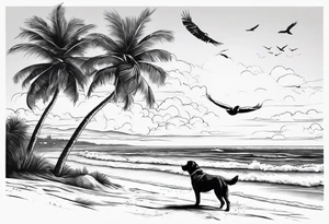 Beach with an ocean in the background with one big palm tree. On the beach there are 2 dogs. In the air there will be a couple birds flying tattoo idea