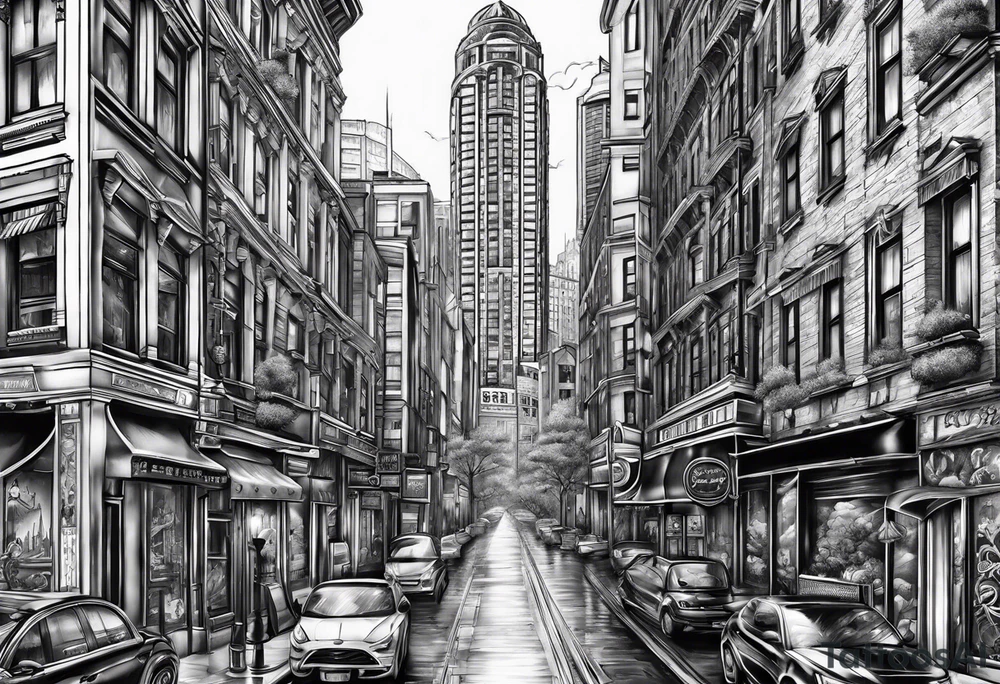 City with tall building leg sleeve tattoo idea