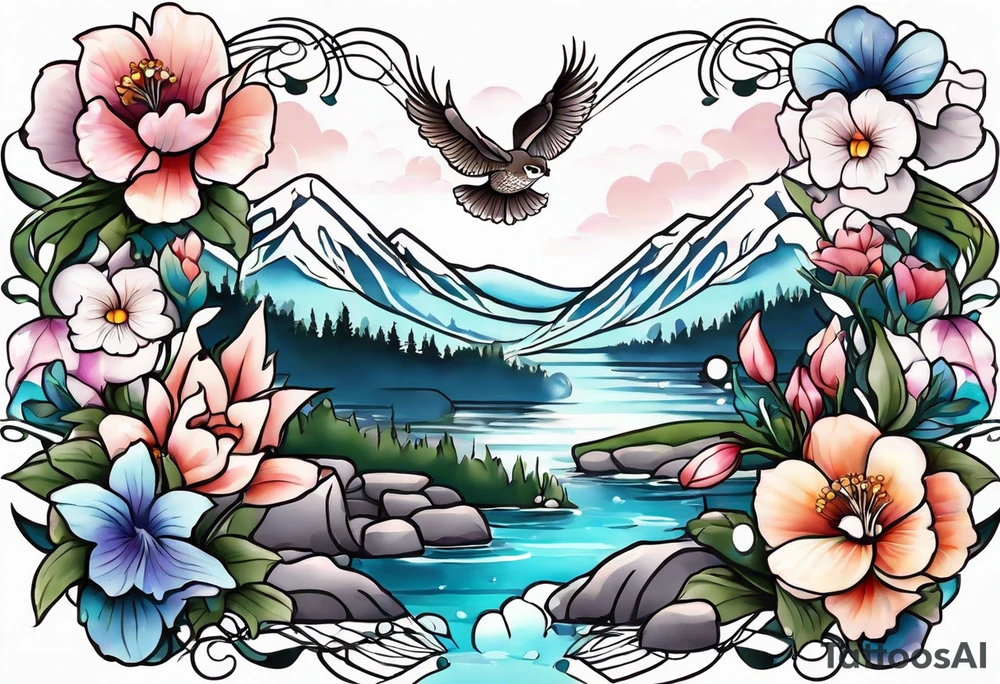 I want a tattoo with a flicker bird, otter, owl, snow goose, cougar, and deer. And then I want the flowers to be pansies, carnations, orchids, roses, water lillies and foxglove/Lily of the valley. tattoo idea