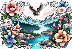 I want a tattoo with a flicker bird, otter, owl, snow goose, cougar, and deer. And then I want the flowers to be pansies, carnations, orchids, roses, water lillies and foxglove/Lily of the valley. tattoo idea