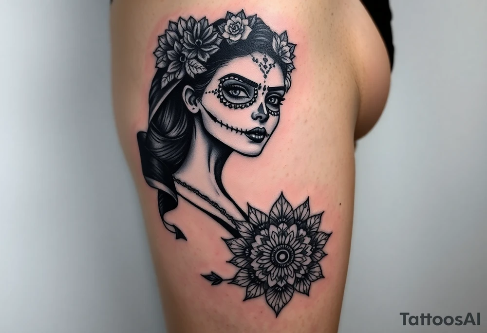 Eine sehr realistisch aussehende moderne la Catrina auf dem gesamten forderten Oberschenkel verbunden mit einem mandala auf dem Knie tattoo idea