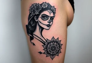 Eine sehr realistisch aussehende moderne la Catrina auf dem gesamten forderten Oberschenkel verbunden mit einem mandala auf dem Knie tattoo idea