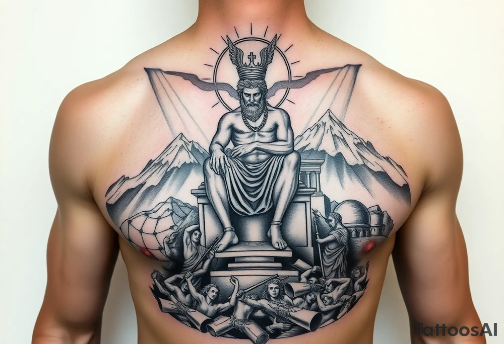 Realism Full chest peice including the Greek gods with zues on his throne looking down from the mountain casting judgement on the people add lighting and Mount Olympus and a temple and a battle scene make zues muscular add hades tattoo idea