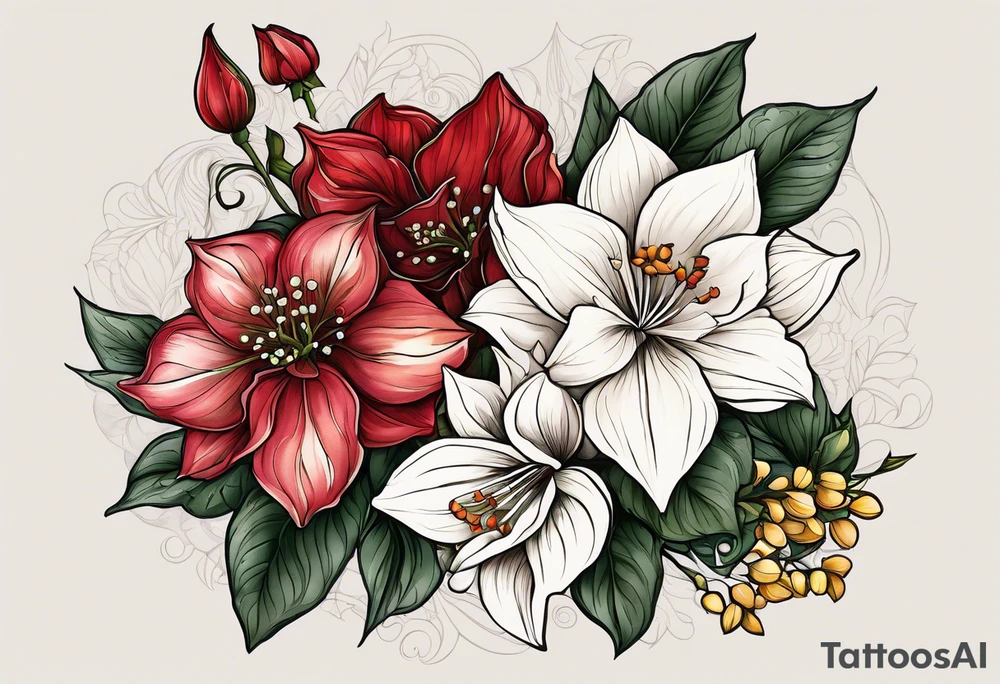 Hydrangea, Narcissus, Poinsettia, Holly, Gladiolus, Poppy, Daisy, Sweet Pea floral tattoo idea