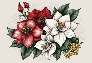 Hydrangea, Narcissus, Poinsettia, Holly, Gladiolus, Poppy, Daisy, Sweet Pea floral tattoo idea