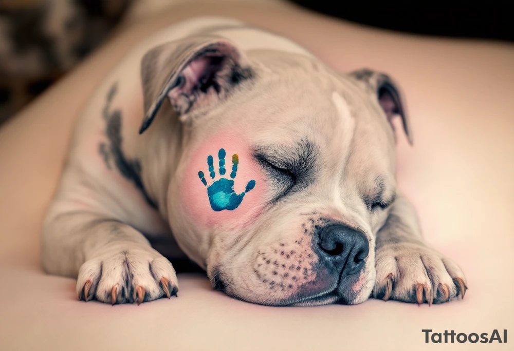 Staffbull with Child's Handprint
A peaceful Staffbull lying down with a small, colorful child’s handprint on its back or paw. Symbol of family and loyalty, done in grayscale with the handprint in soft watercolor tones (blue, pink, yellow). tattoo idea