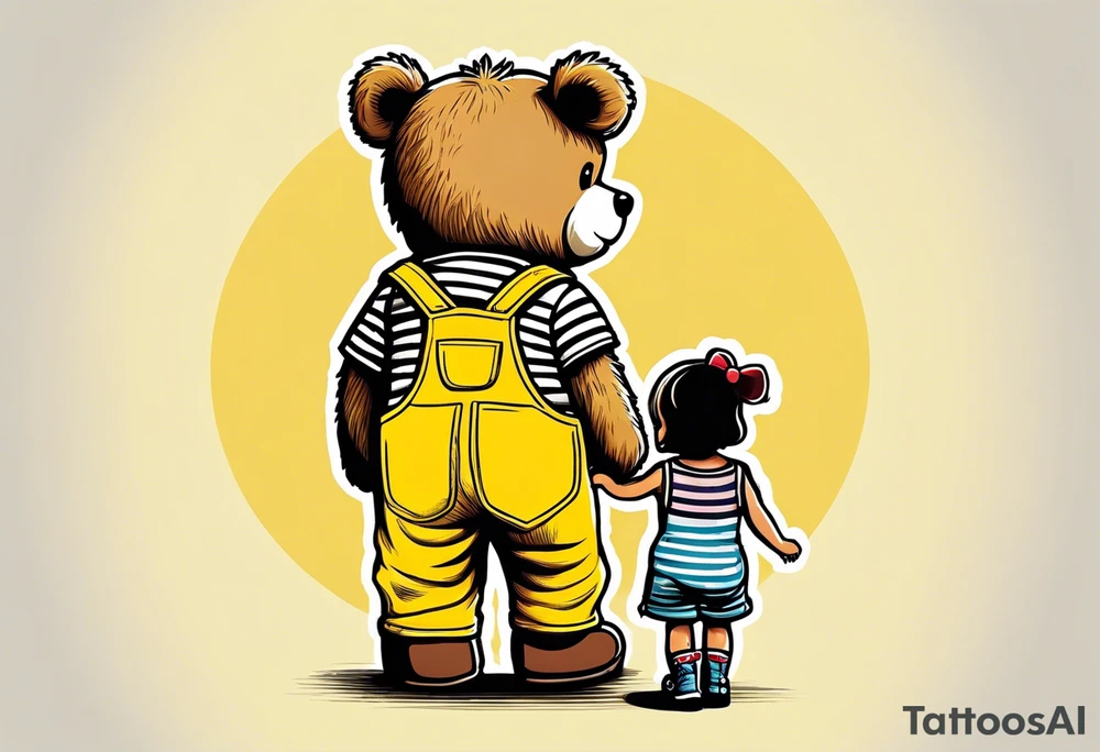 image of the back of a light brown teddy bear standing in yellow overalls, striped tank top and wearing boots and holding the hand of a little girl tattoo idea