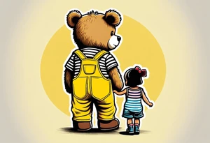 image of the back of a light brown teddy bear standing in yellow overalls, striped tank top and wearing boots and holding the hand of a little girl tattoo idea