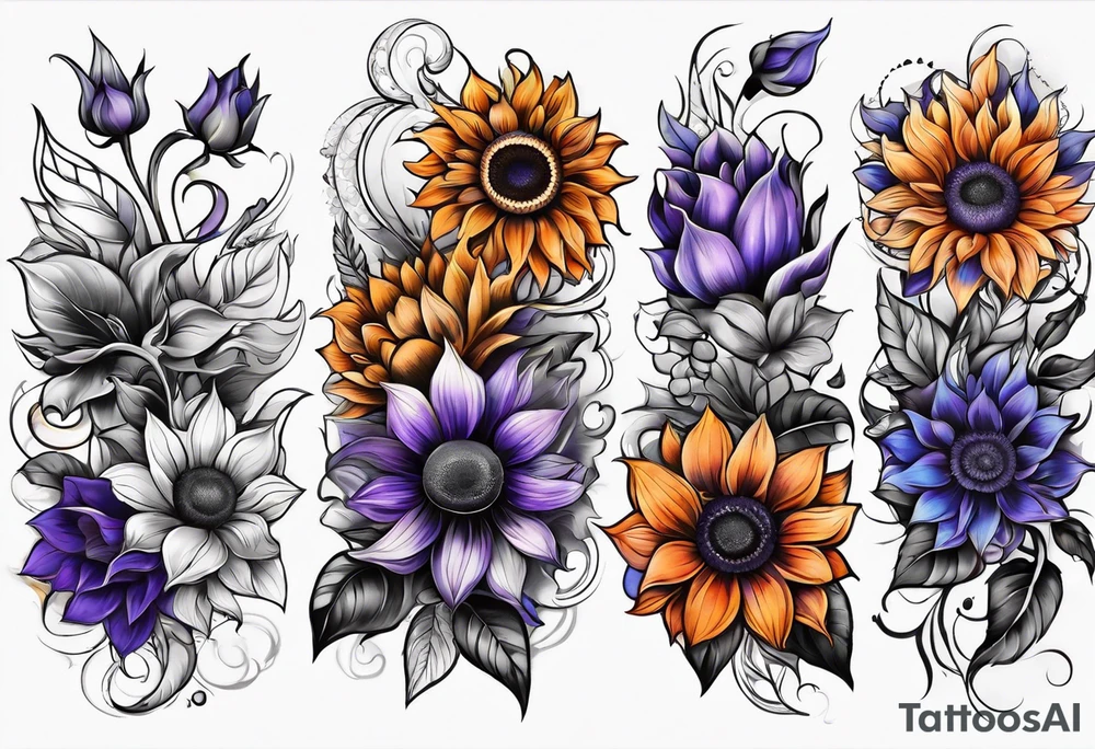 Full arm sleeve with purple, orange and blue sunflowers tattoo idea