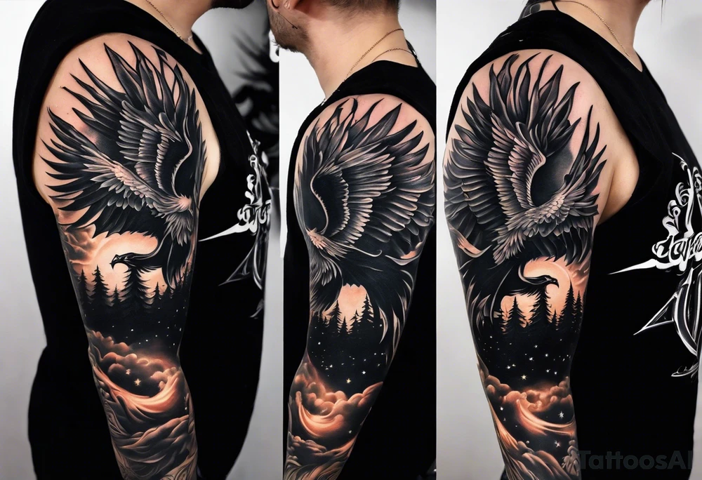 A full sleeve tattoo on ym rights arm 
showing A large phoenix over my shoulder  A person/angel flying through a starry night sky, Some witches or salem witch trial type imagery  a blacked out silhouette from a picture of my band after a show tattoo idea