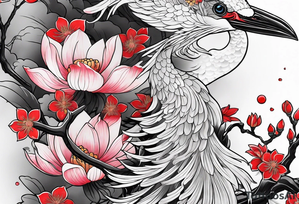 traditional irezumi full leg sleeve with crane, cherry blossoms, and lotus flowers tattoo idea