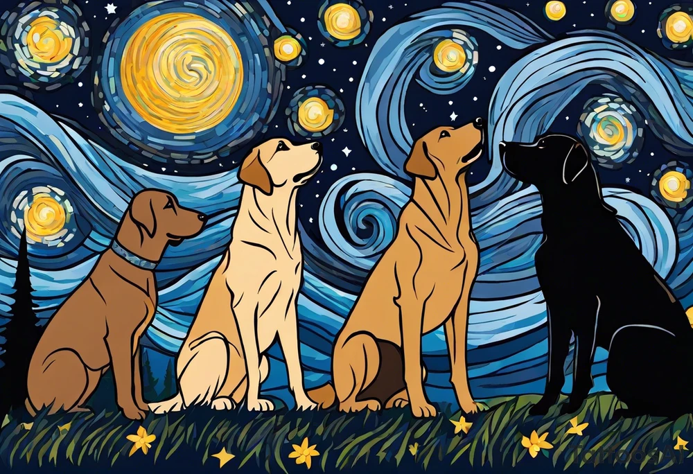 A silhouette of a labrador retriever, a german shephard, a beagle, and an adult human male, looking up at a night sky in the style of Van Gogh Starry Night. Must be narrow and tall to fit on an upper arm. tattoo idea