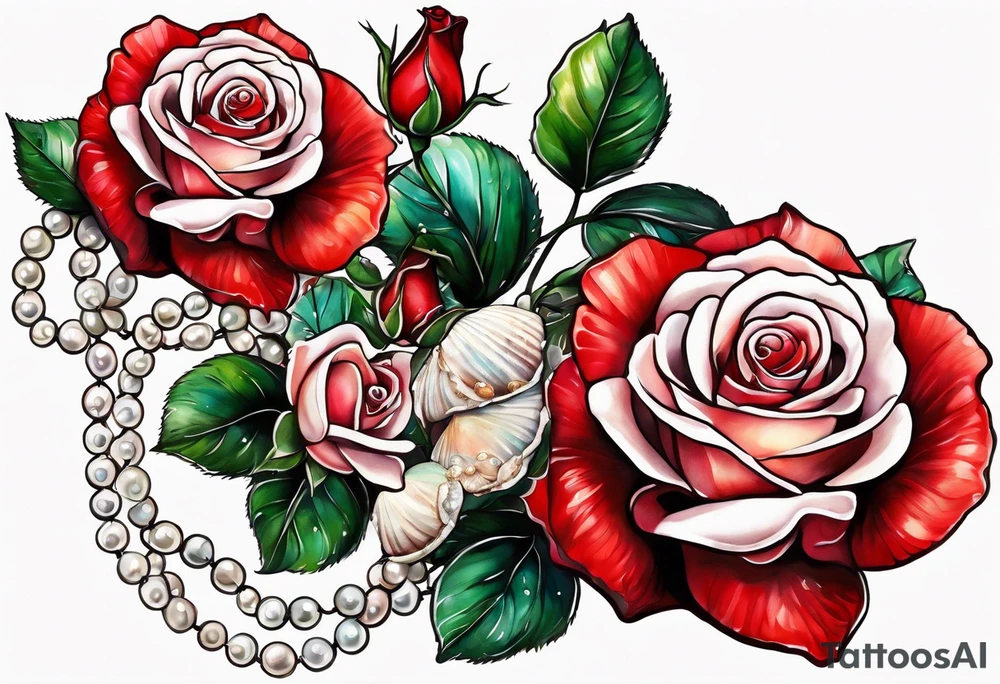 Red roses with a chain of pearls and seashells tattoo idea