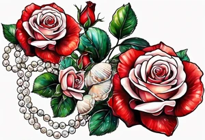 Red roses with a chain of pearls and seashells tattoo idea